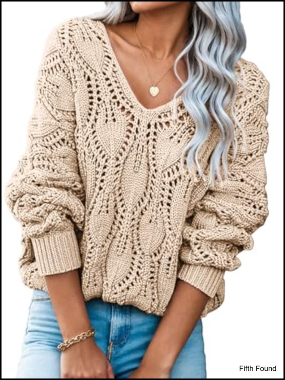 Women's V Neck Crochet Hollow Out Pullover Sweater Long Sleeve Knit Top
